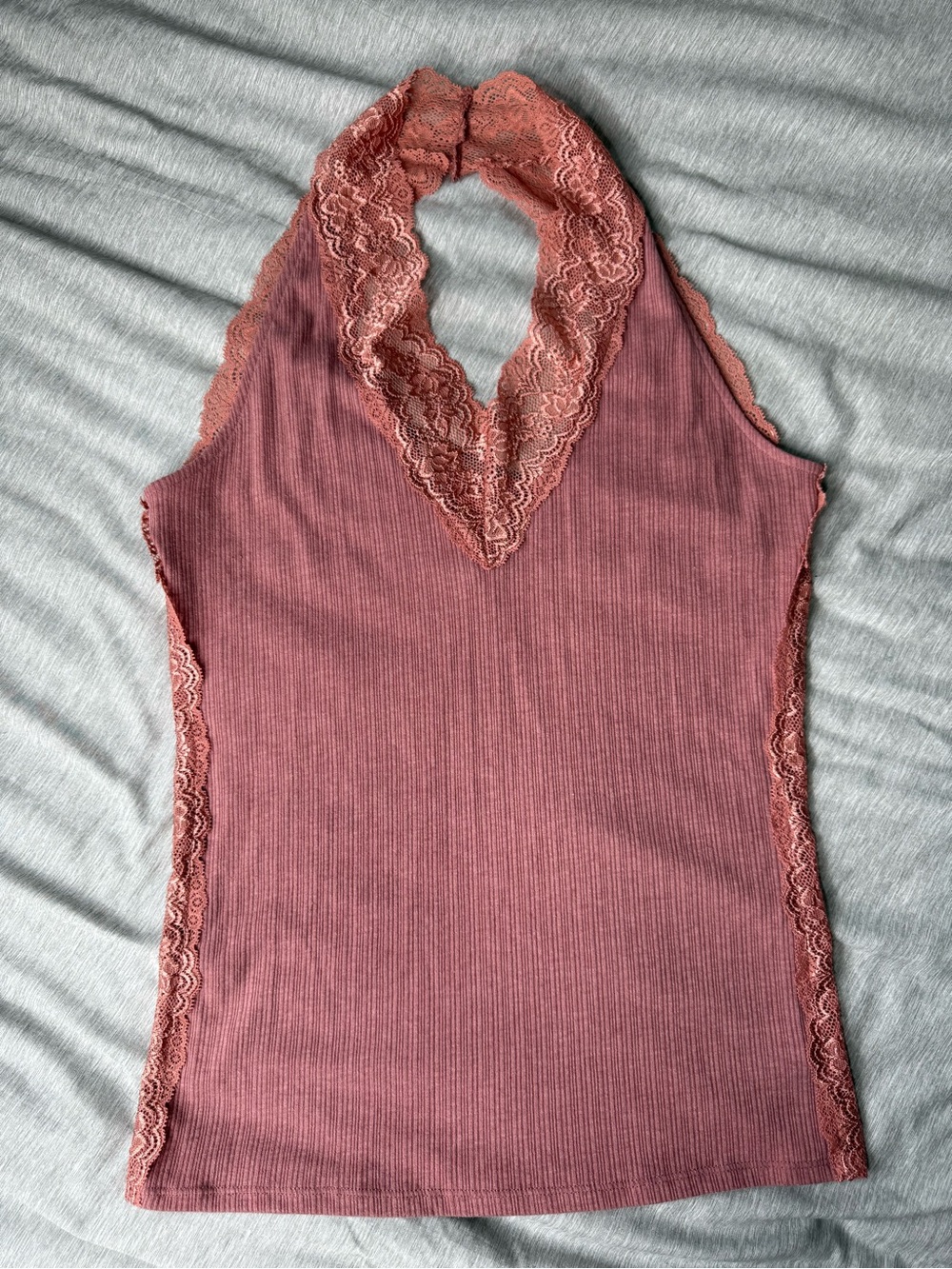 Ribbed Lace Halter Tank Top - Rose